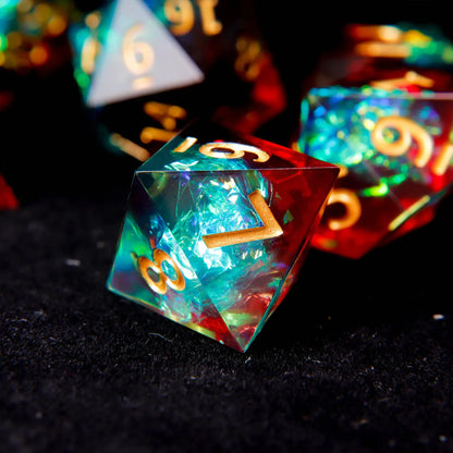 Close-up of the eight-sided D8 die. Highlights the sharp edges and the clean, filled engravings on each face.