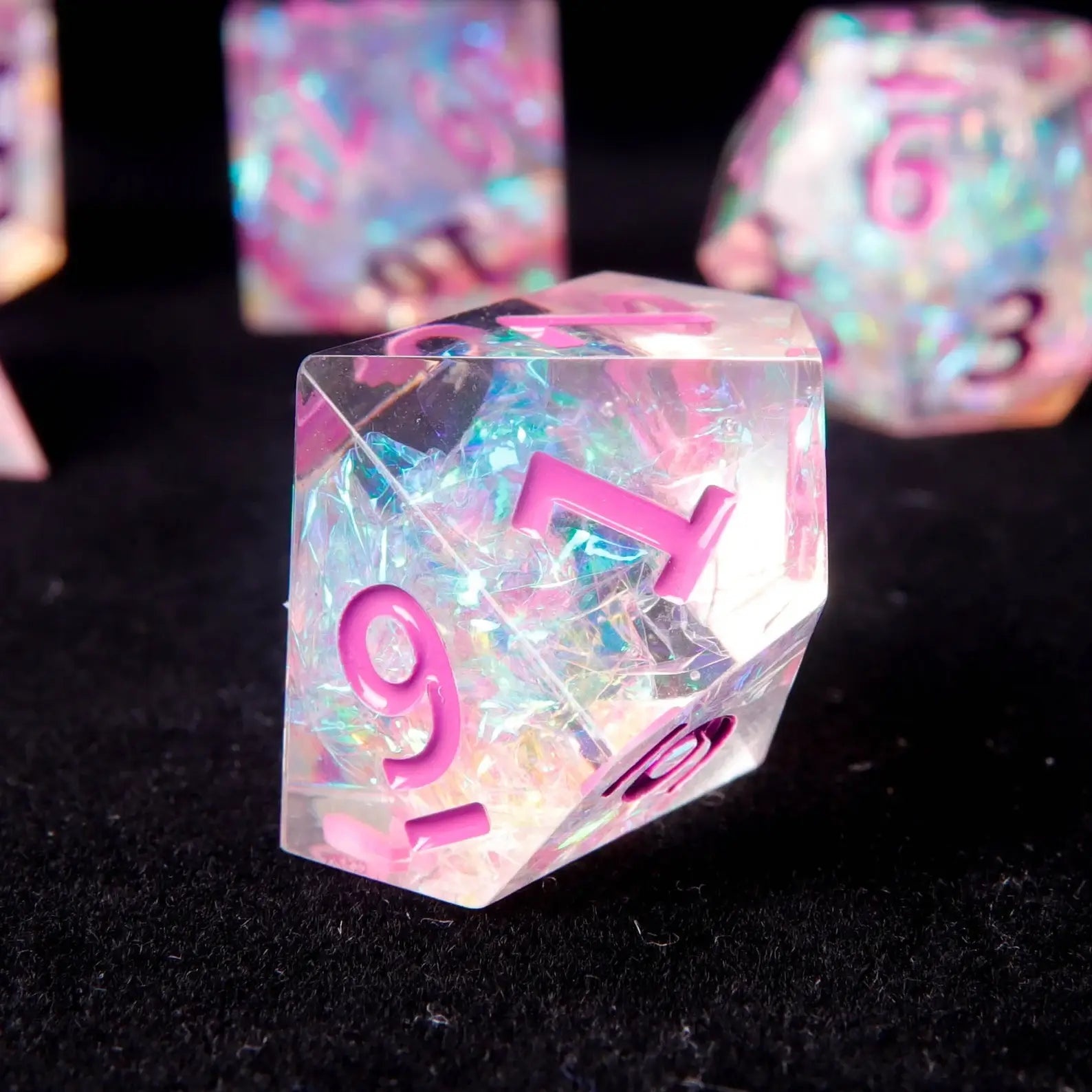 Pink and purple resin D10 dice from URdice, aesthetic DND dice designed for girls and RPG lovers