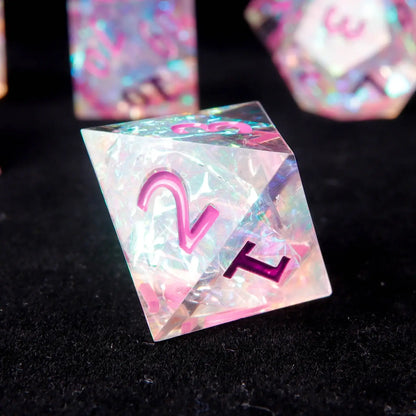 Single D8 pink and purple resin dice by URdice, durable and stylish DND dice for RPG sessions