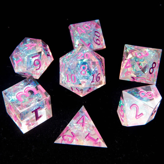 Pink and purple resin DND dice set with 7 polyhedral dice, perfect gift for girls and RPG players