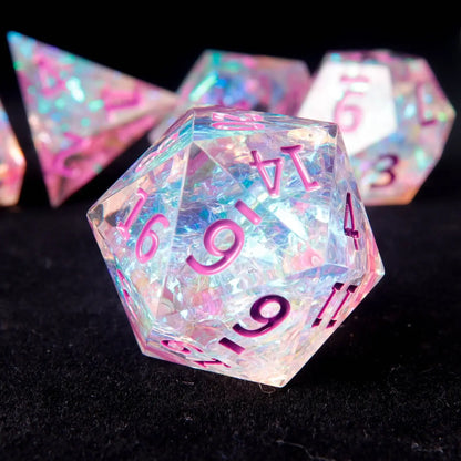 Pink and purple resin D20 dice with smooth edges, designed for girls and DND role playing games