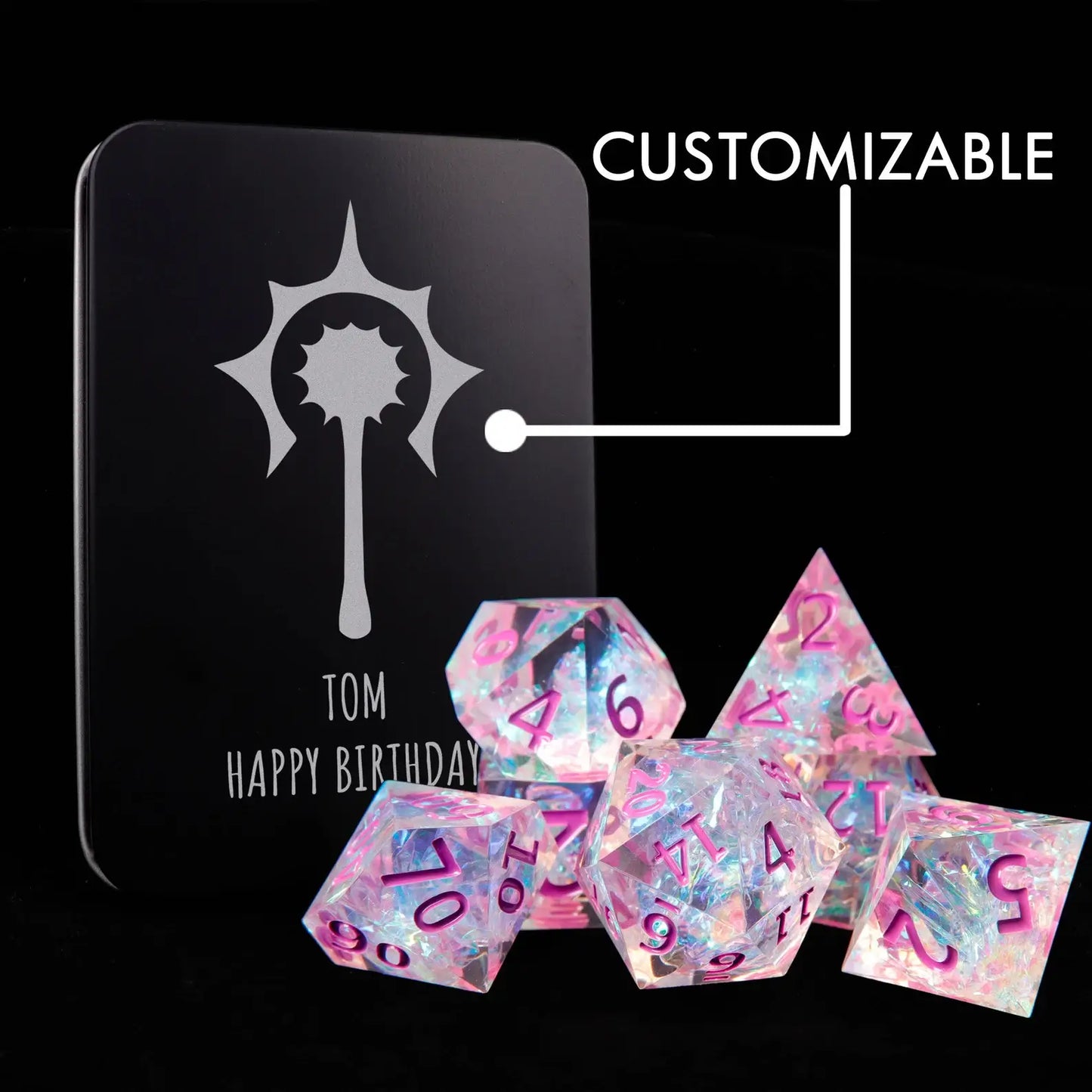 Pink and purple resin dice set stored in metal tin, ideal DND dice gift for girls and tabletop gamers