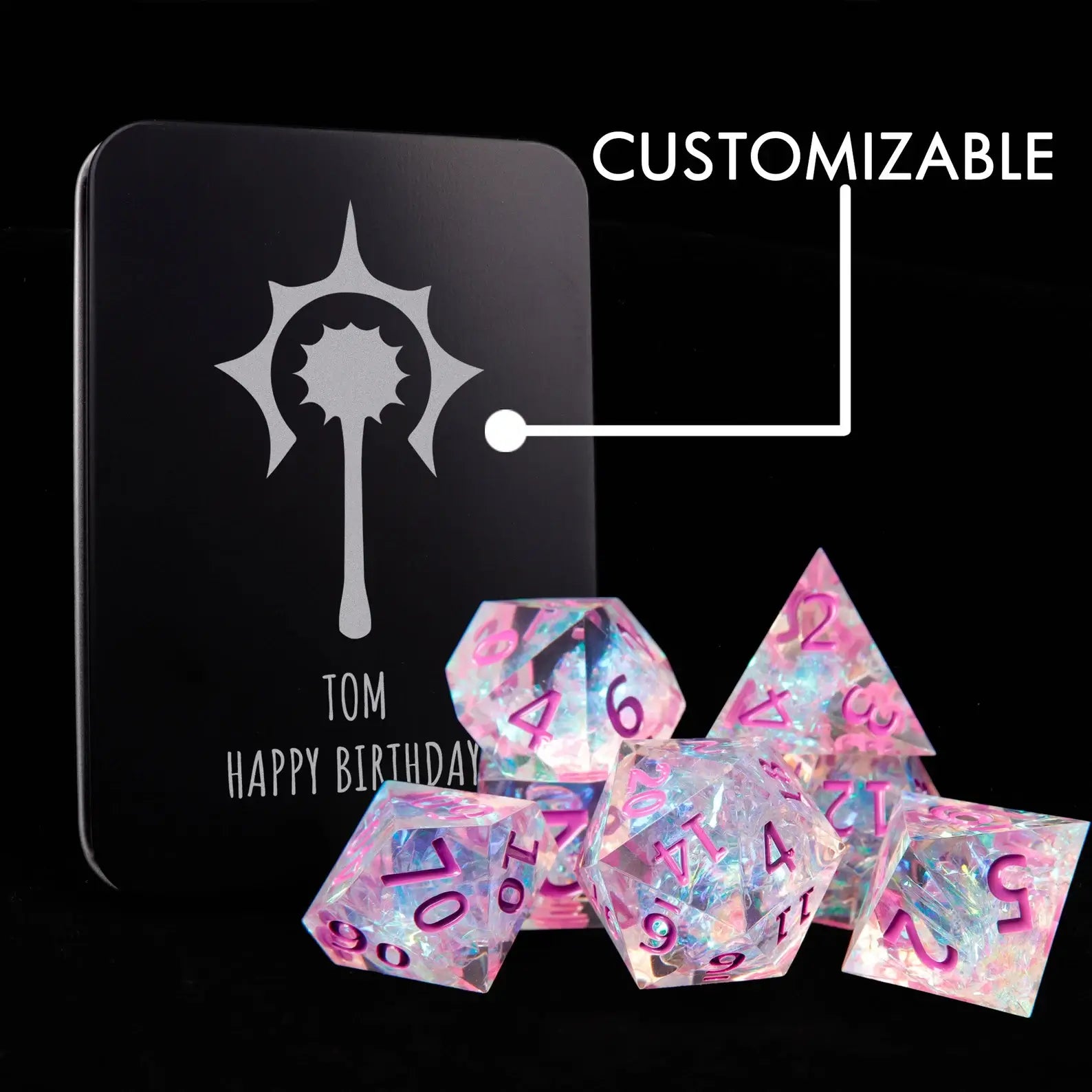 Pink and purple resin dice set stored in metal tin, ideal DND dice gift for girls and tabletop gamers