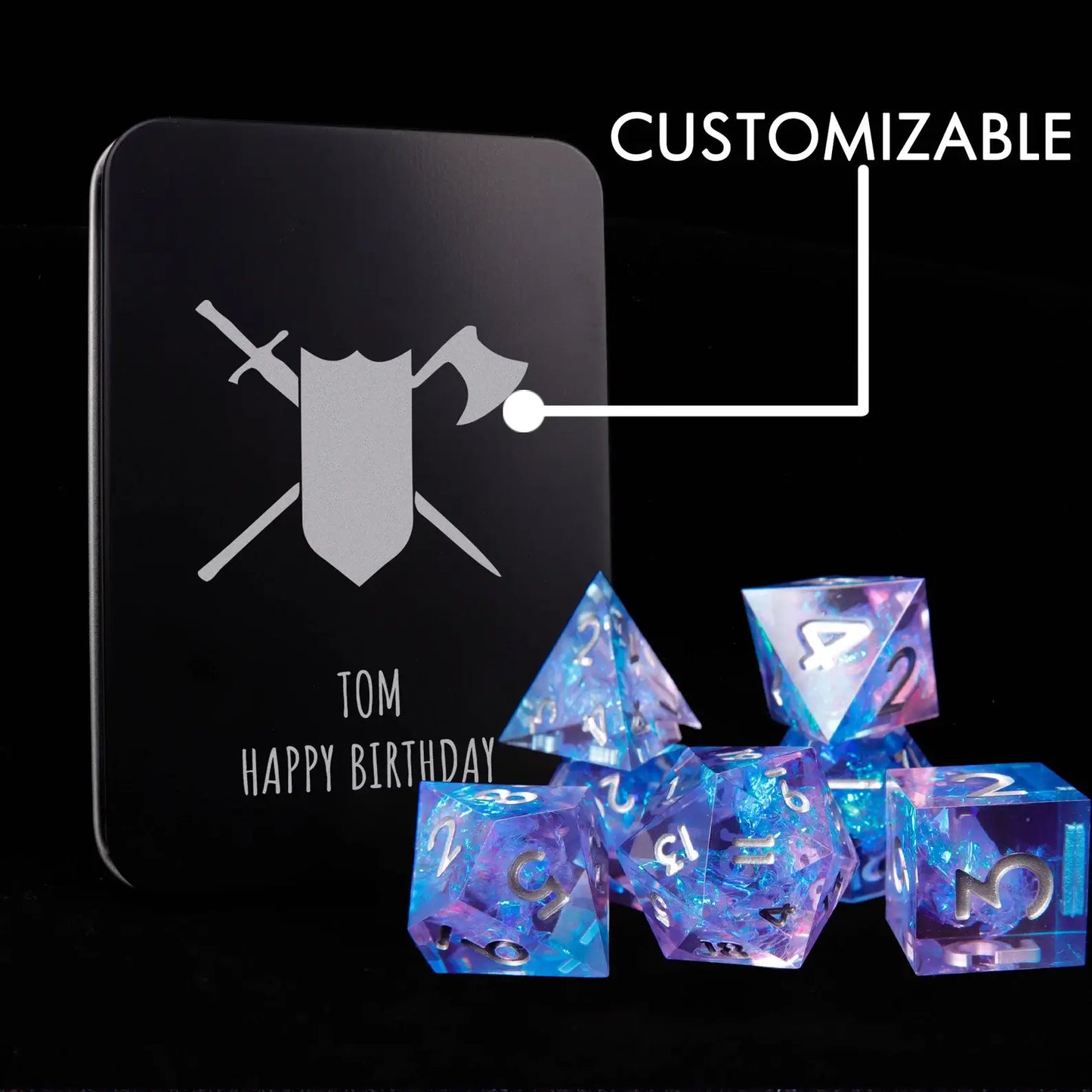 Complete 7-piece URdice Light Purple & Blue Gradient Resin DND Dice Set showcasing shimmer effect