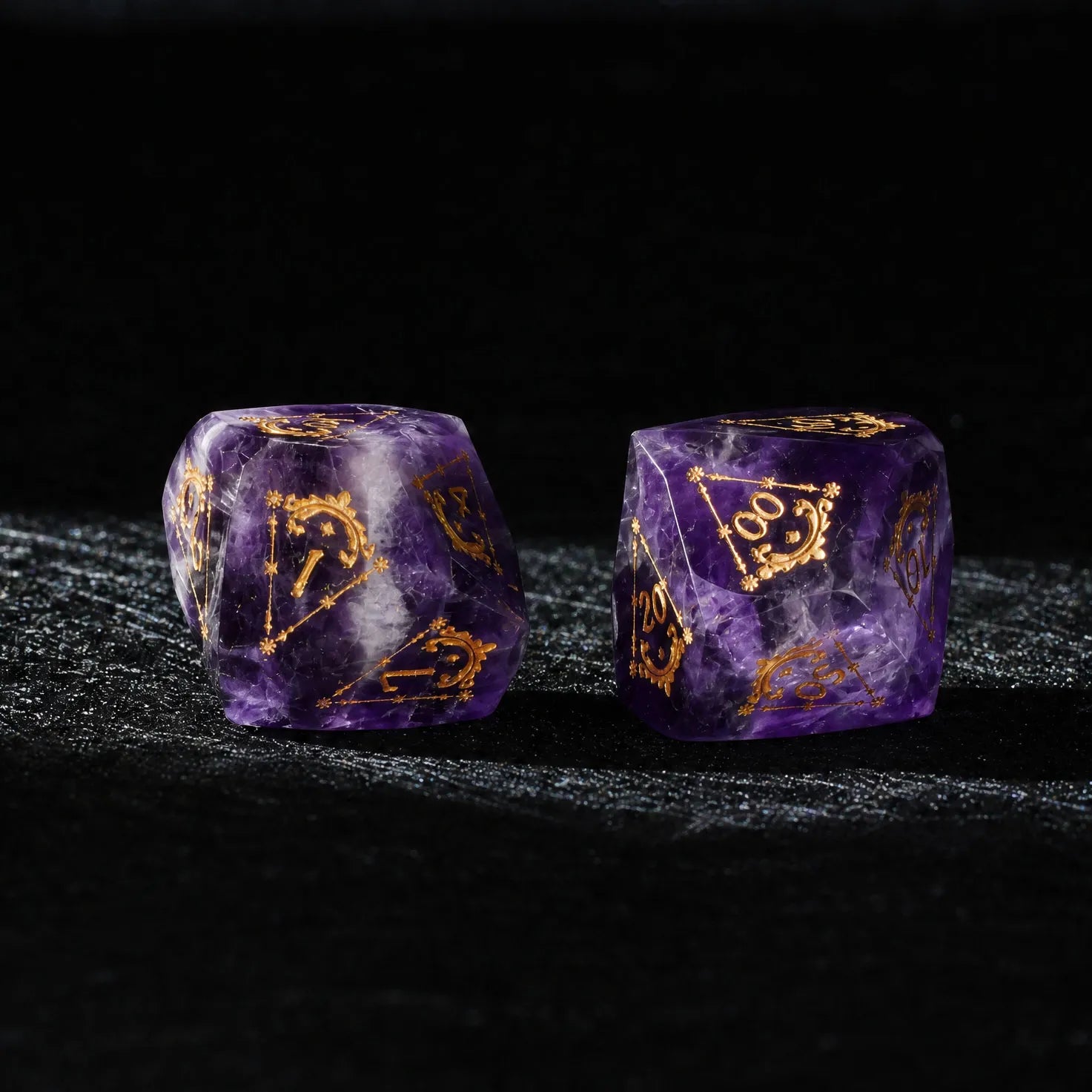 Natural Amethyst dice D10 and percentile die with gold engravings