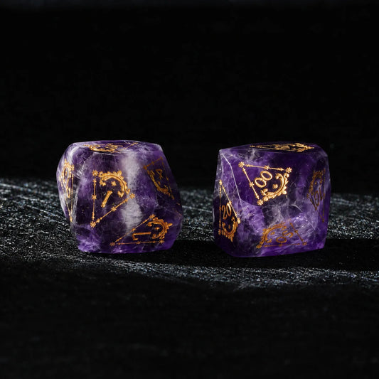 Natural Amethyst dice D10 and percentile die with gold engravings