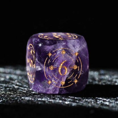 Natural Amethyst dice D6 with a gold celestial number design