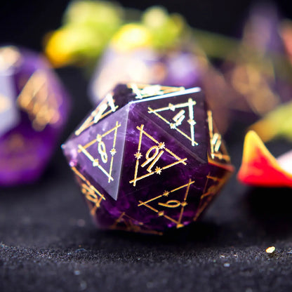 Close-up of the D20 from the Purple Crystal DND Dice Set highlighting the internal Amethyst crystal facets and engraved numbers.