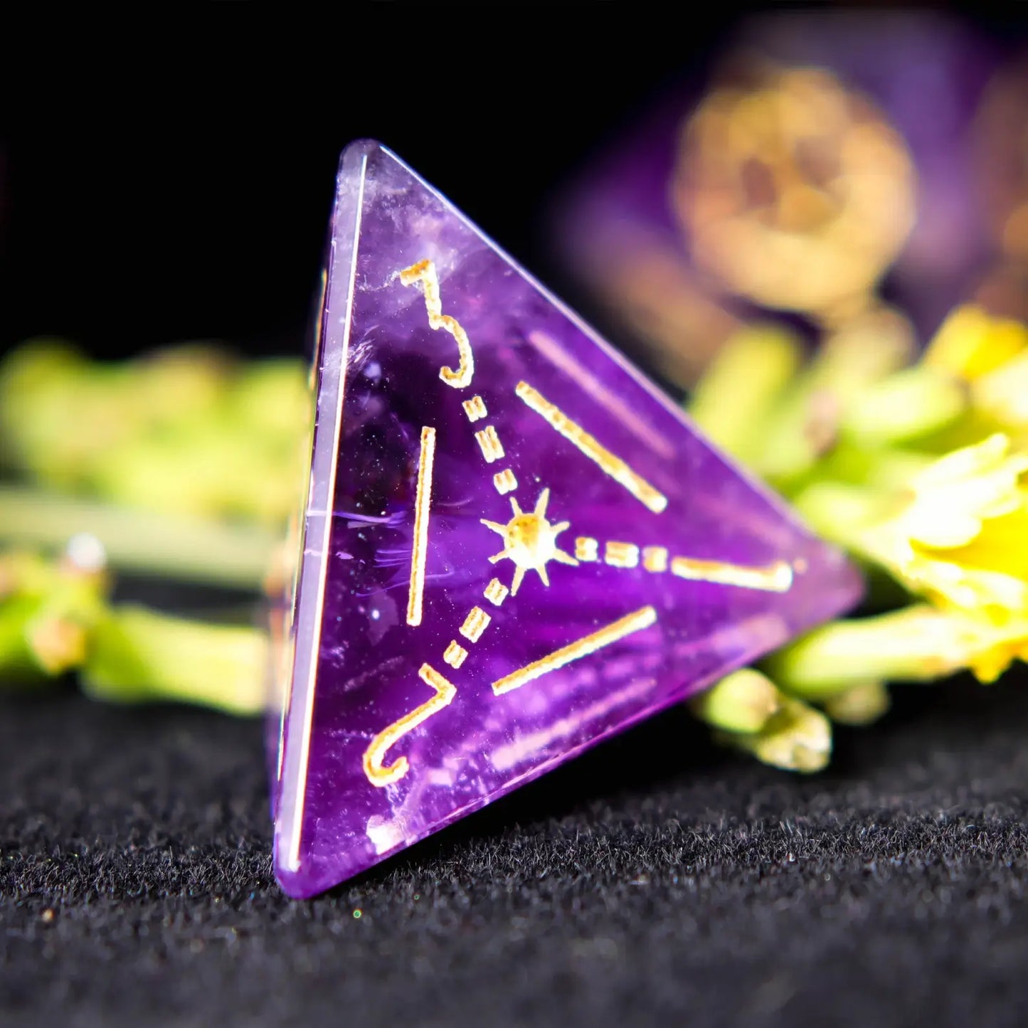 Stacked image of several dice from the Purple Crystal DND Dice Set showing the varying internal textures of the natural Amethyst.