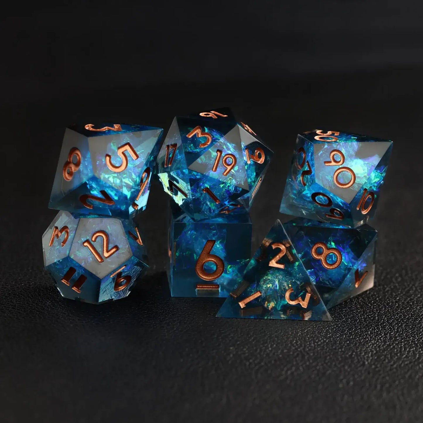 The Balanced Blue Lightning DND Dice Set featuring the D8 and D10 pieces, suitable for all tabletop RPGs.