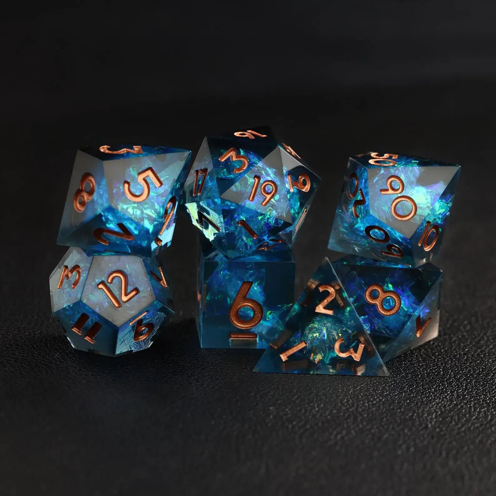 The Balanced Blue Lightning DND Dice Set featuring the D8 and D10 pieces, suitable for all tabletop RPGs.