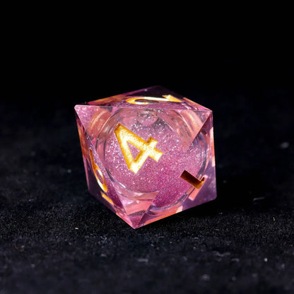 Pink liquid dice placed alongside flowers and sheet music, perfect for Bard or Fey-themed DND characters.