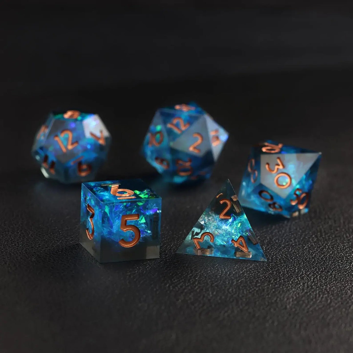Black and Blue Storm Themed Polyhedral Dice set, perfect for players with shadow or lightning characters.
