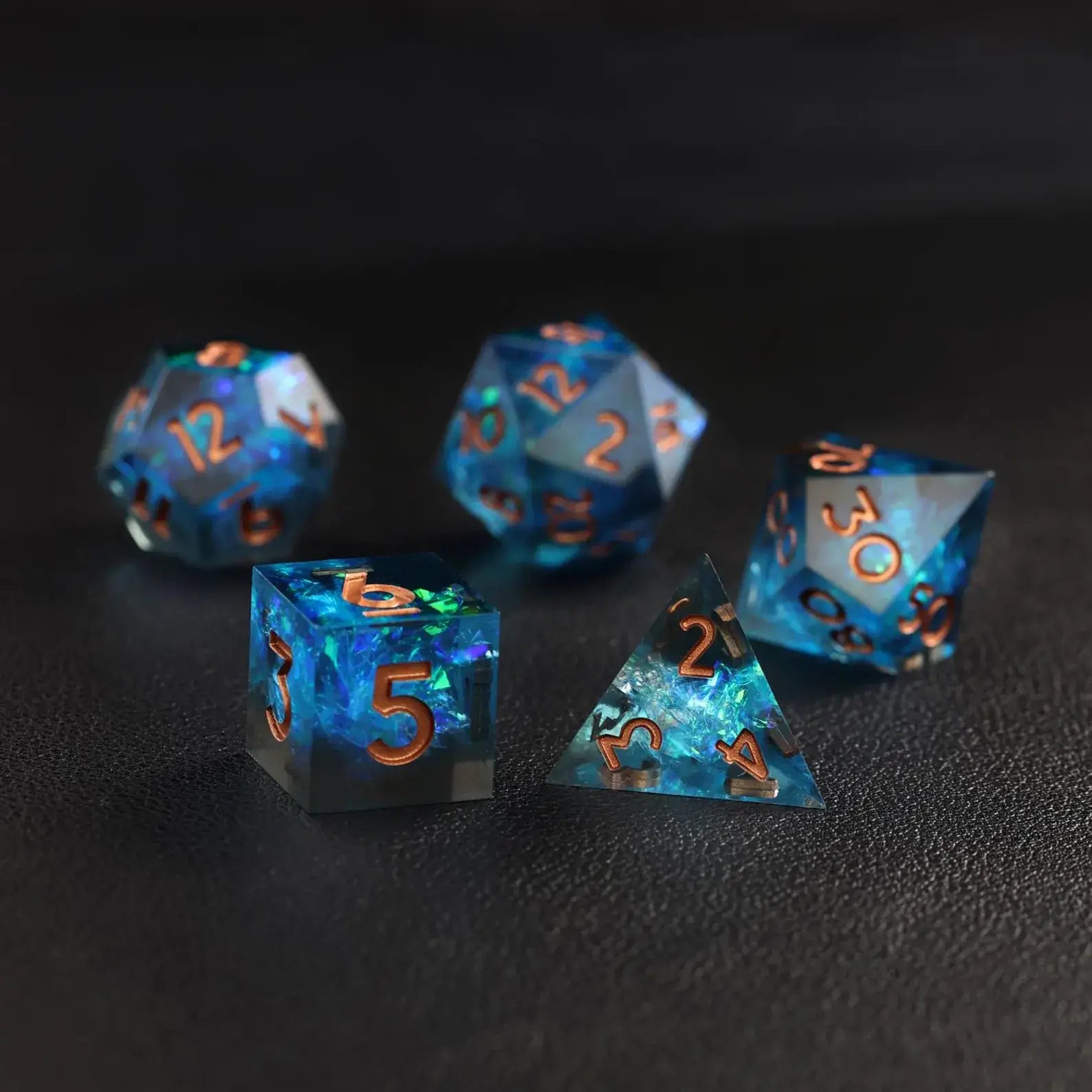 Black and Blue Storm Themed Polyhedral Dice set, perfect for players with shadow or lightning characters.