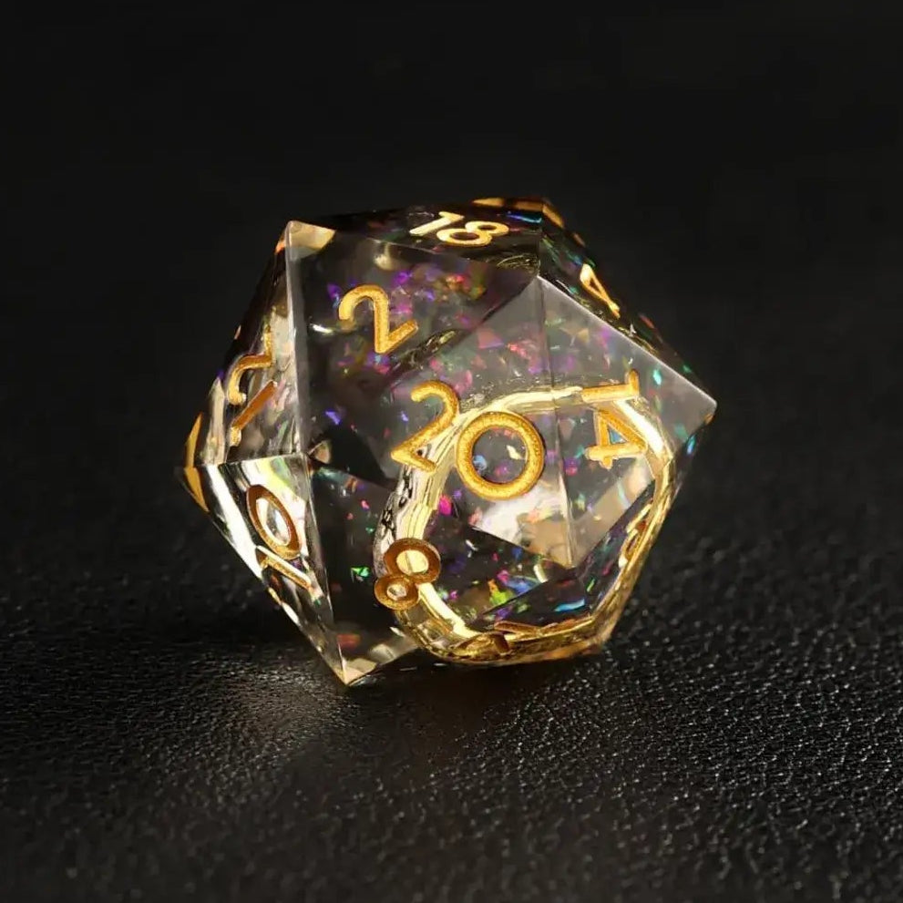 Black Brass Ring D20 resin dice, sharp edges for precise rolls
