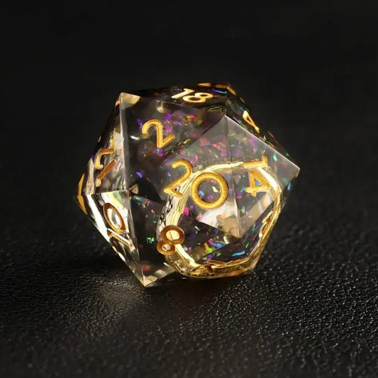 Black Brass Ring D20 resin dice, sharp edges for precise rolls