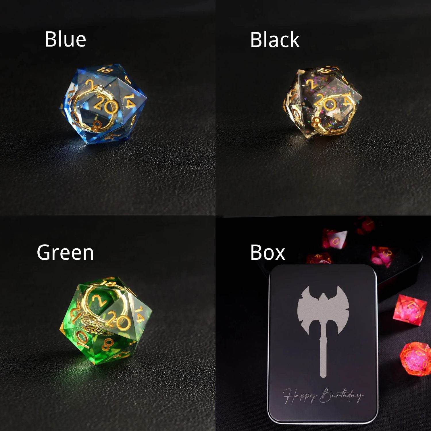 Blue, Black, and Green Black Brass Ring DND Resin Dice 7-piece sets with black gift box and bag