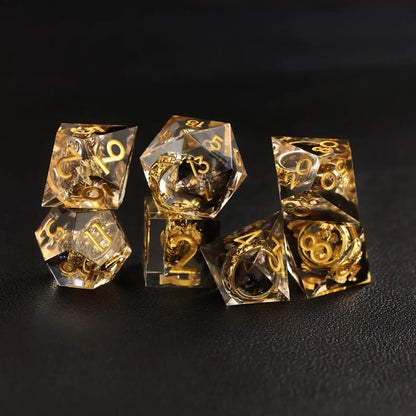Black Brass Ring DND Resin Dice glowing under ambient light, highlighting resin and brass rings