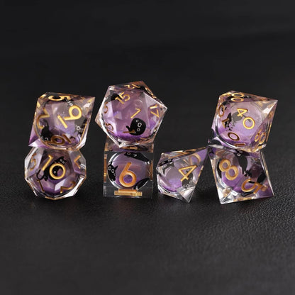 Animal Dice featuring a black cat core inside purple swirl Liquid Core Dice, premium resin set for collectors