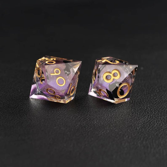 Black cat themed Liquid Core Dice made from purple swirl resin, animal dice set designed for tabletop RPG players