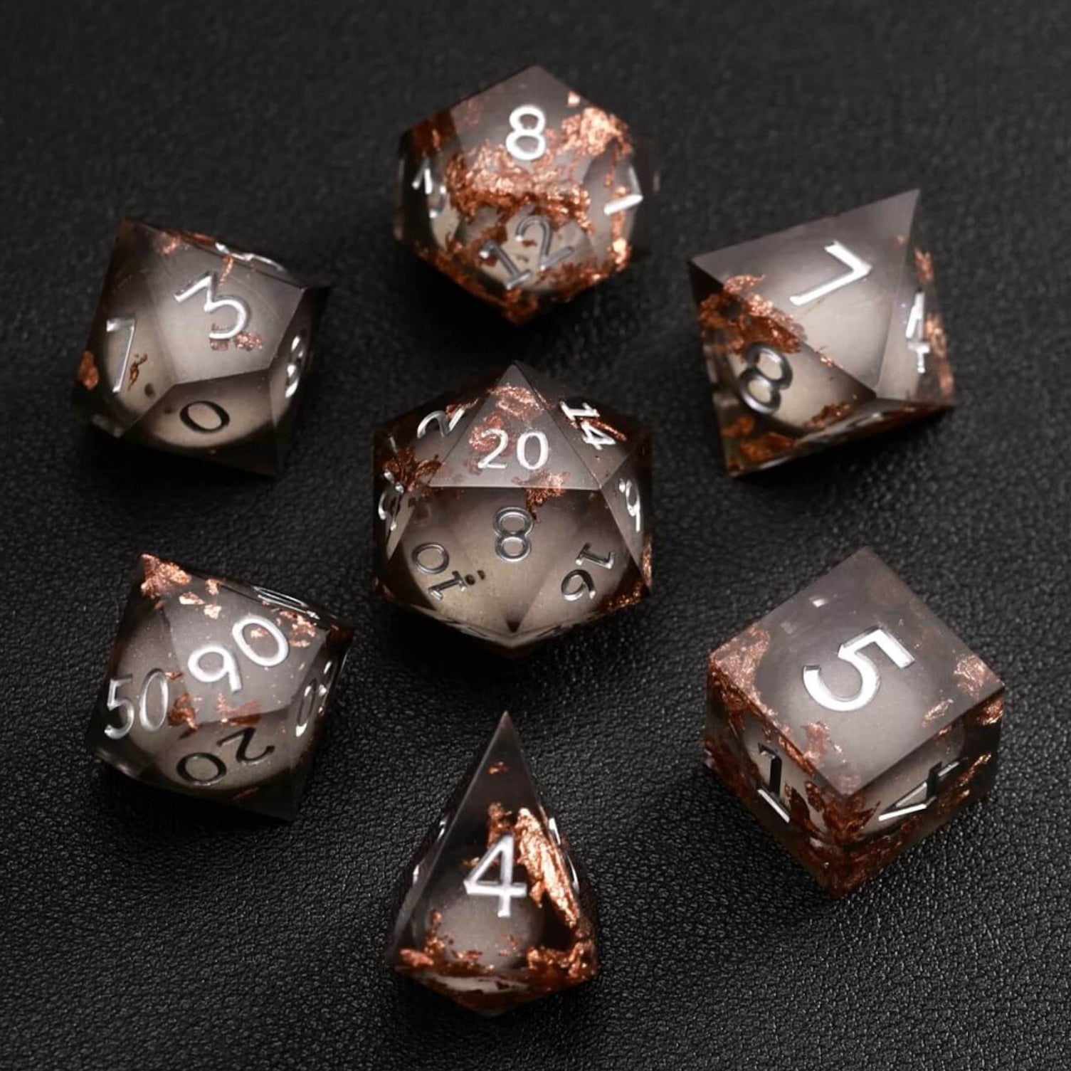 Black Copper Foil Liquid Core DND Resin Dice 7-piece full set for RPG, DND gameplay