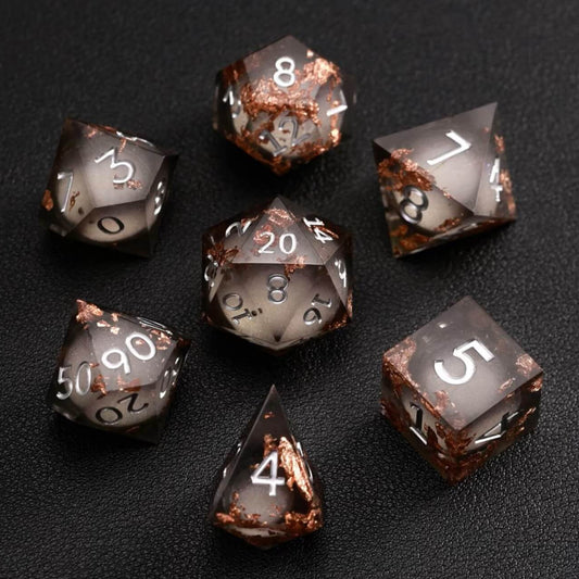 Black Copper Foil Liquid Core DND Resin Dice 7-piece full set for RPG, DND gameplay
