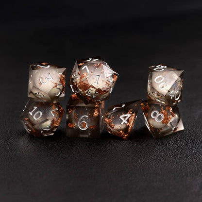 Black Copper Foil Liquid Core DND Resin Dice rolling on tabletop for DND gameplay