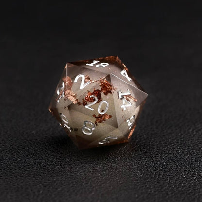 Black Copper Foil Liquid Core D20 Resin Dice displayed with RPG miniatures and character sheets