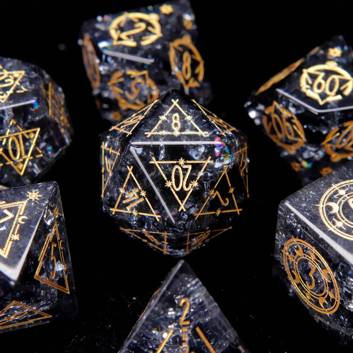 Complete Black Crystal DND Dice Set with sharp edges and gold numbers, all seven polyhedral dice displayed on dark background