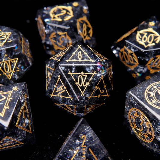 Complete Black Crystal DND Dice Set with sharp edges and gold numbers, all seven polyhedral dice displayed on dark background
