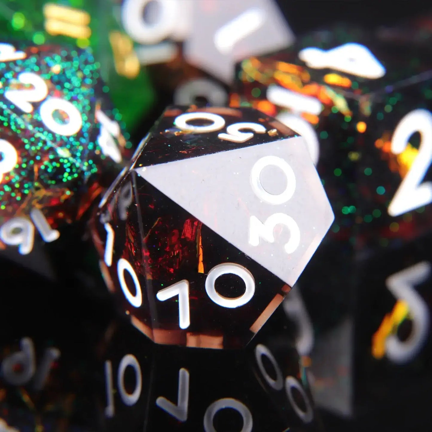 Black Ember D% dice, ten-sided percentile dice with fiery red and black resin swirls