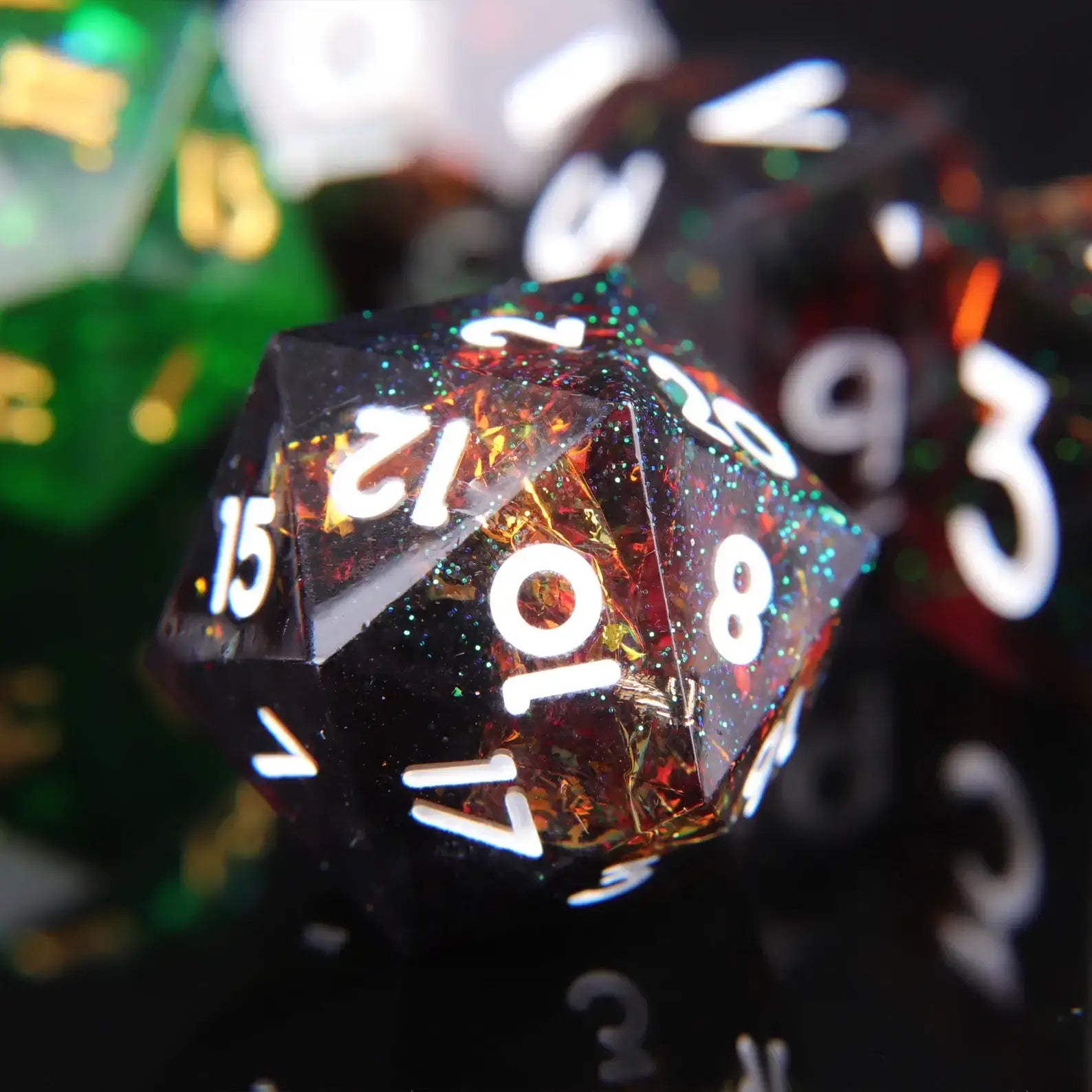 Giant D20 from Black Ember Resin Dice Set with glowing ember effect