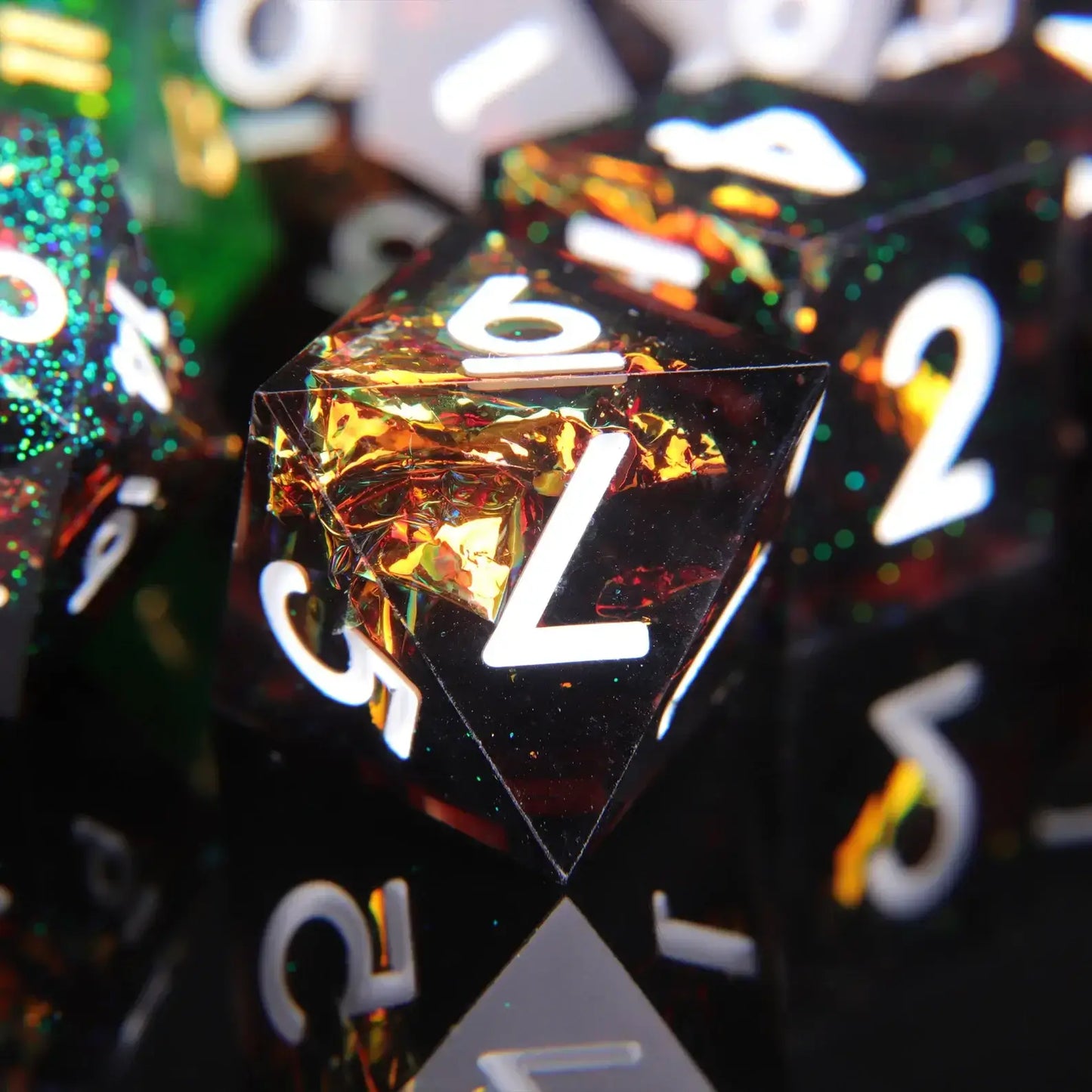Black Ember D8 dice, translucent resin with fiery red highlights