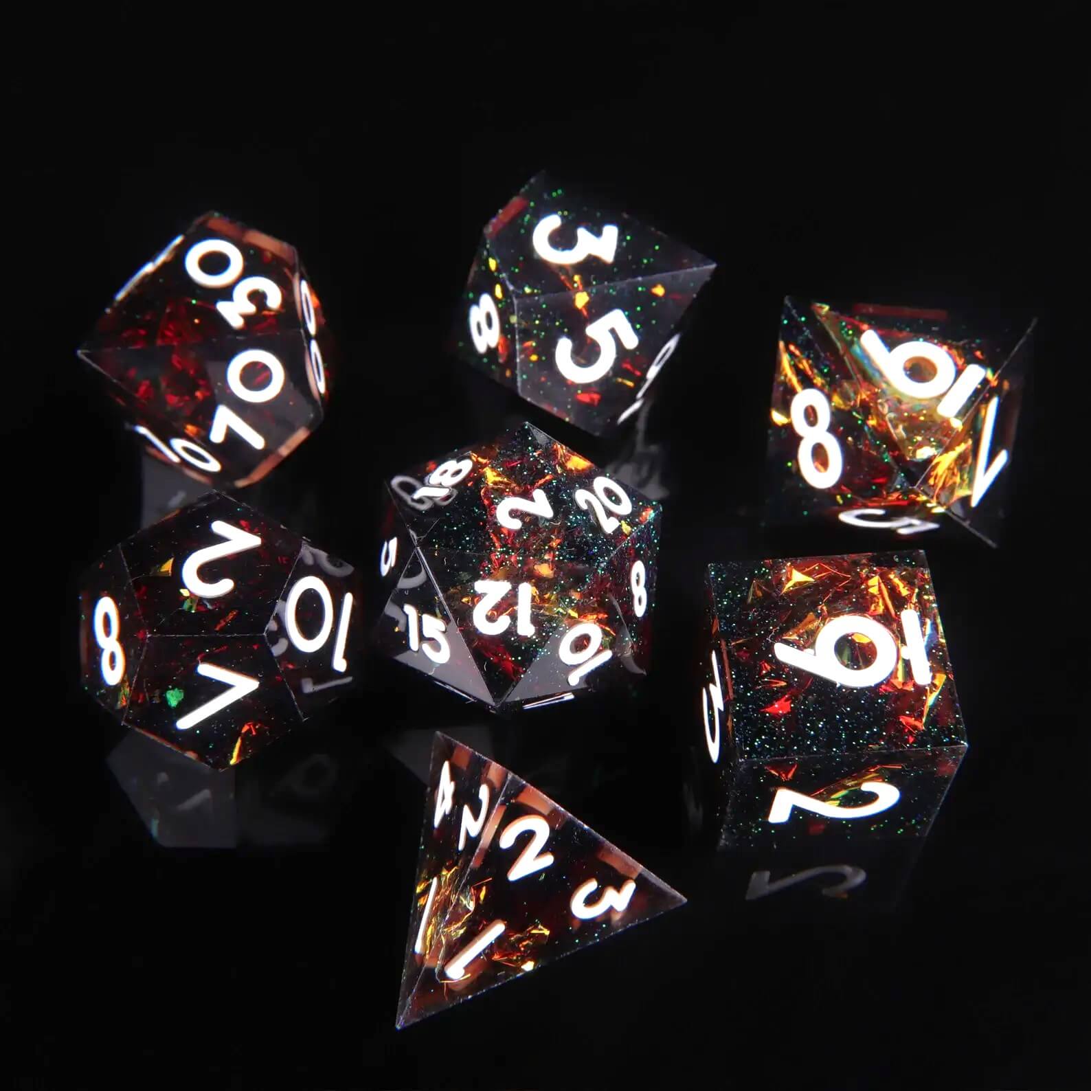 Black Ember Resin Dice Set full set on dark background, handcrafted polyhedral dice for tabletop RPG
