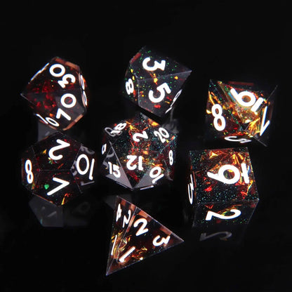 Black Ember Resin Dice Set full set on dark background, handcrafted polyhedral dice for tabletop RPG