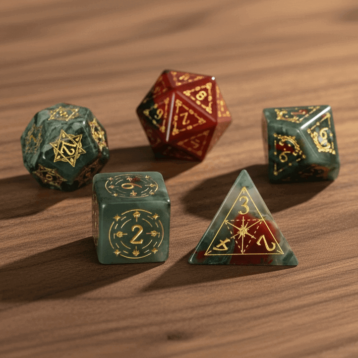 Close-up of natural green and red speckled patterns on a Bloodstone Gemstone Dice Set