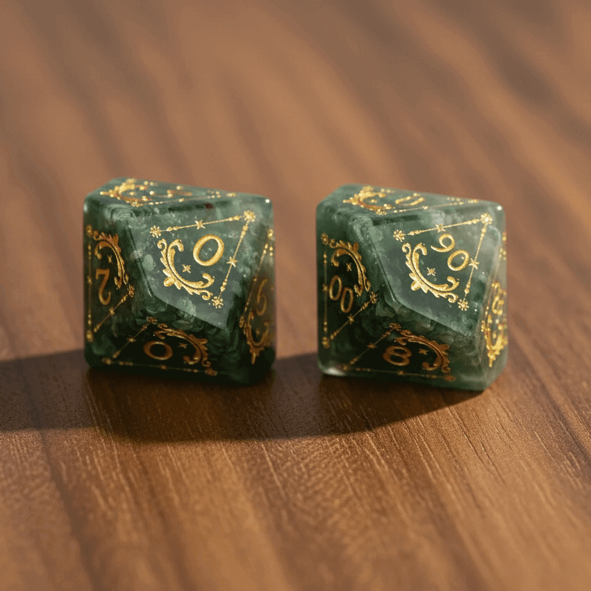 Complete set of engraved Bloodstone gemstone dice elegantly arranged on a rich walnut wood table