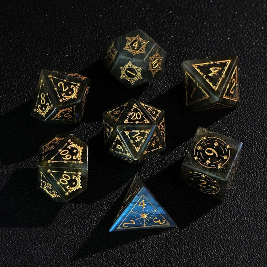 Blue Labradorite Gemstone DND Dice Set made from genuine Lapis Lazuli, showing the complete 7-piece collection and deep indigo color. 