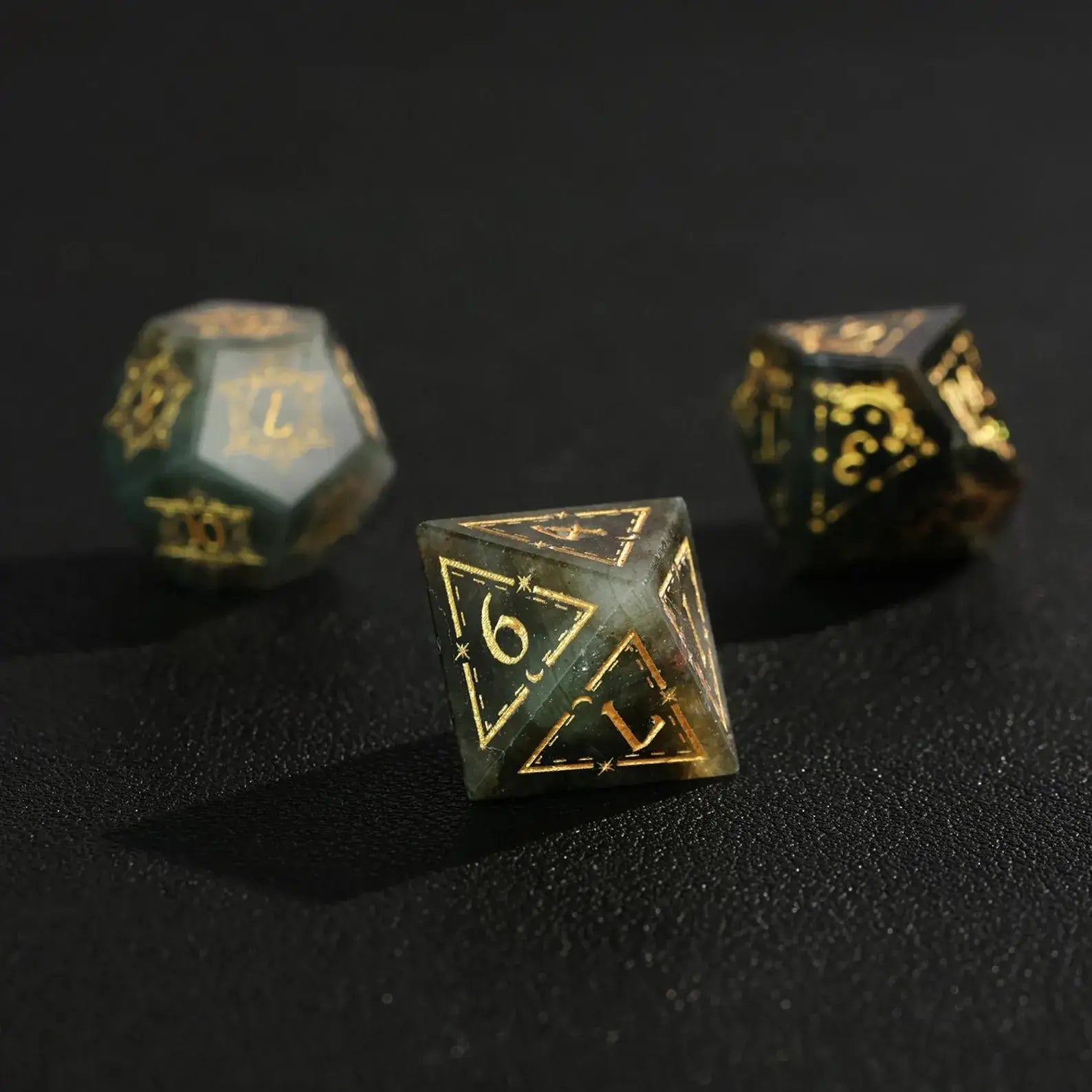 Detailed view of the sharp, precision-cut edges and clear number engraving on the Blue Labradorite gemstone DND Dice Set.