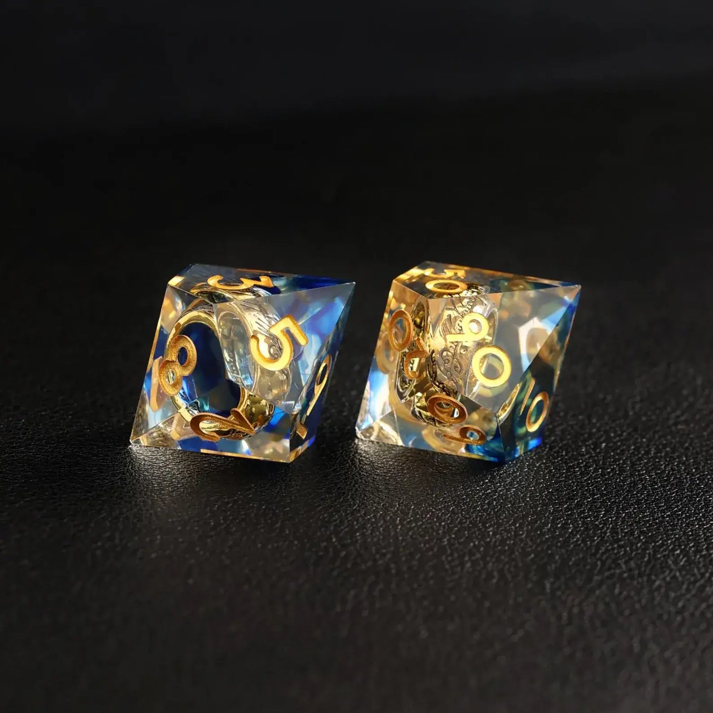 Blue Brass Ring D10 and D% resin dice set, balanced for fate and chance rolls