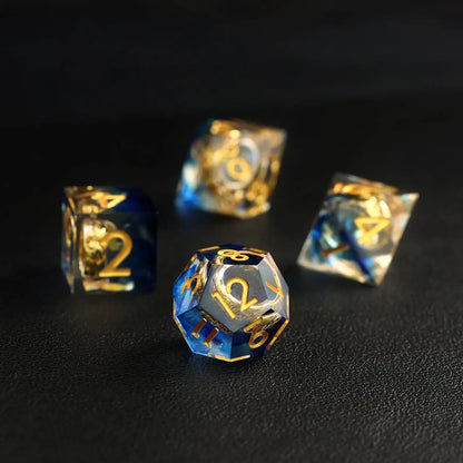 Blue Brass Ring D12 resin dice with polished gemstone-like finish