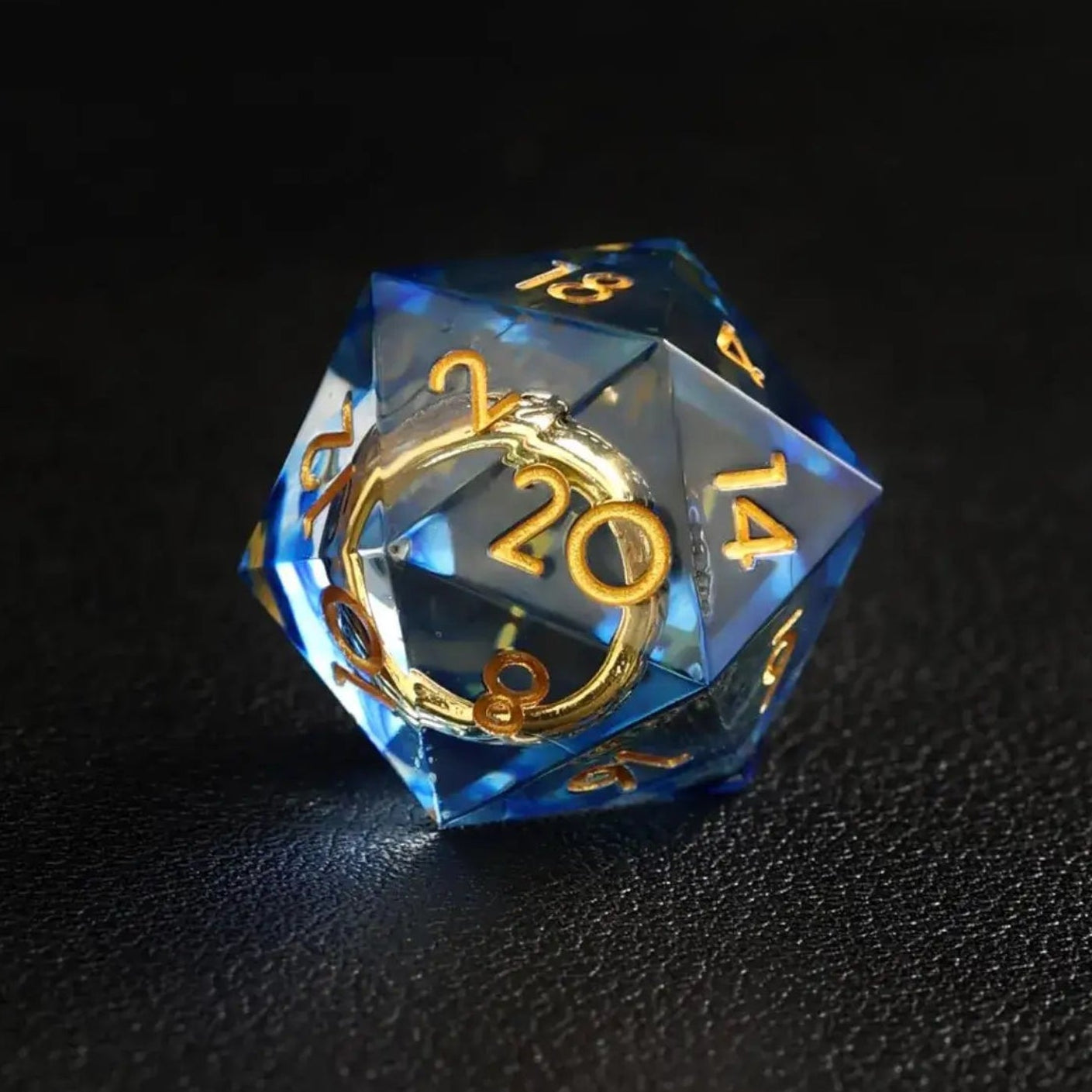 Blue Brass Ring D20 resin dice, sharp edges for precise DND rolls