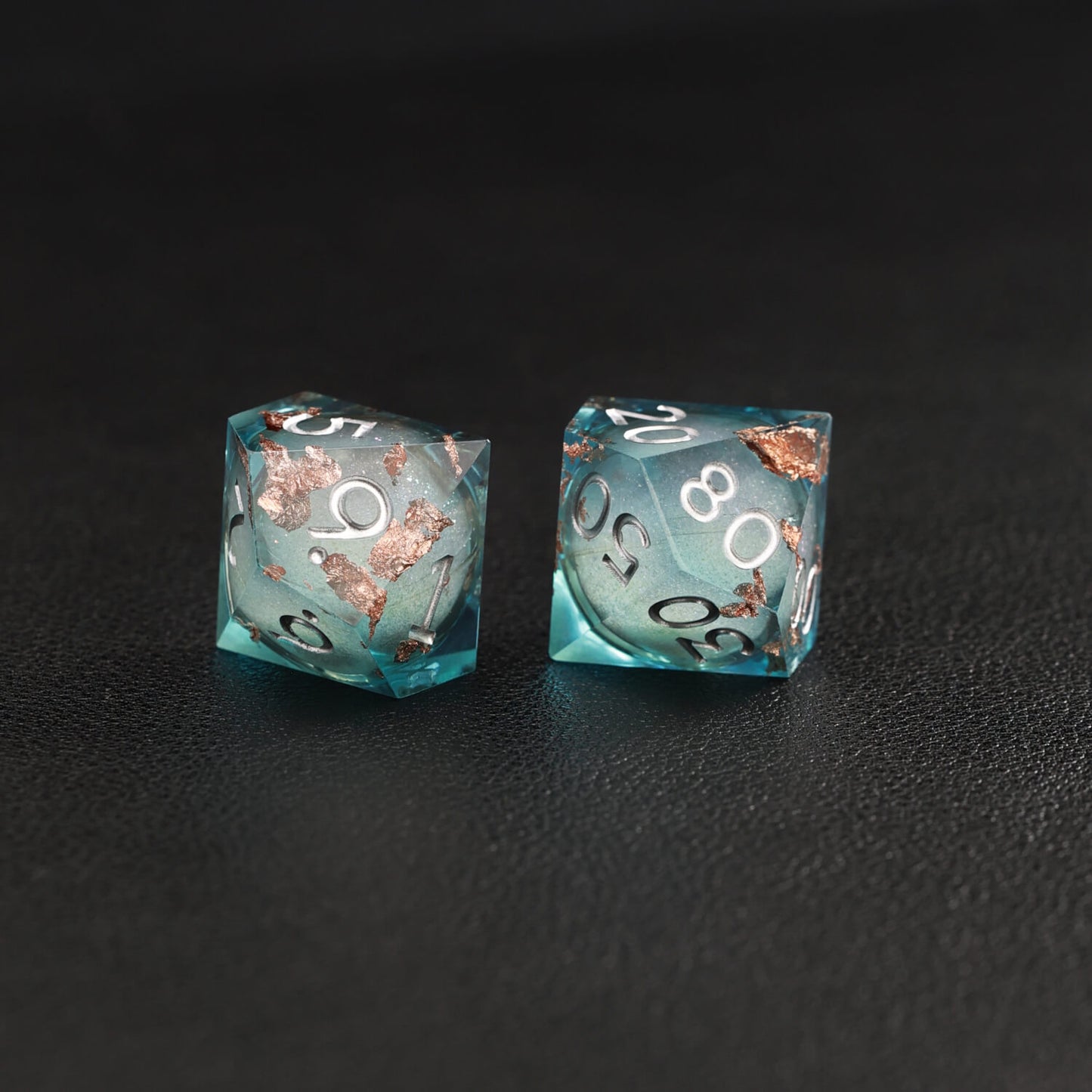 Blue Copper Foil Liquid Core D10 and D% resin dice set, balanced for fate and chance rolls