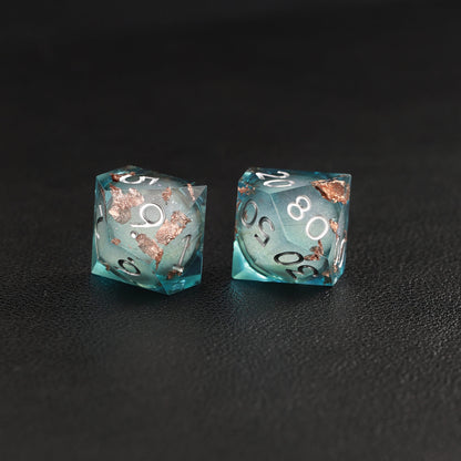 Blue Copper Foil Liquid Core D10 and D% resin dice set, balanced for fate and chance rolls