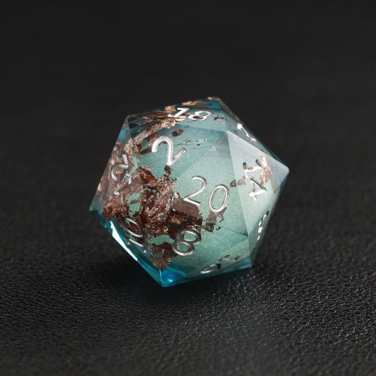 Blue Copper Foil Liquid Core D20 resin dice, sharp edges for accurate DND rolls