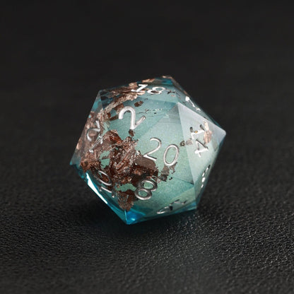 Blue Copper Foil Liquid Core D20 resin dice, sharp edges for accurate DND rolls