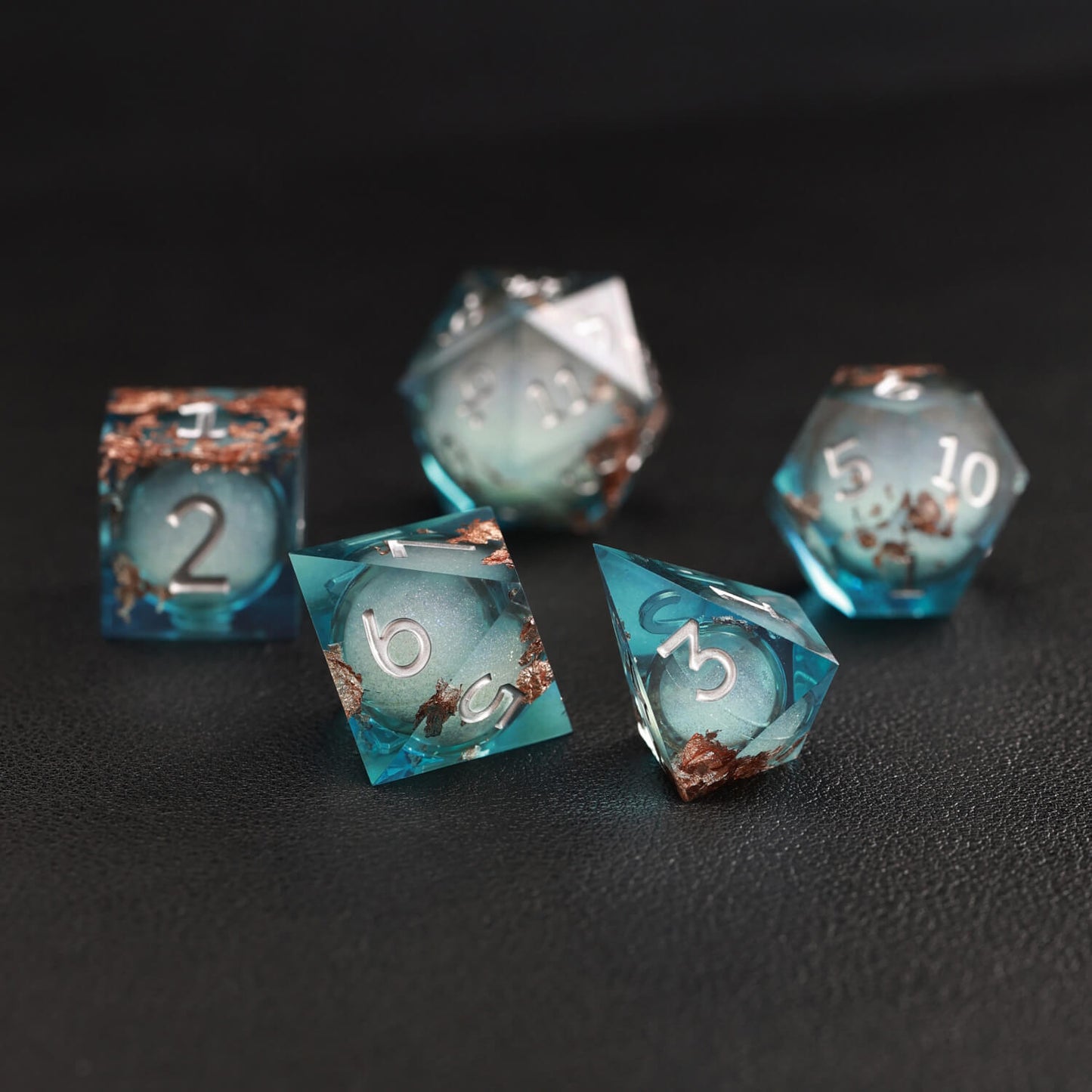 Blue Copper Foil Liquid Core D8 resin dice for precise DND rolls and tabletop games
