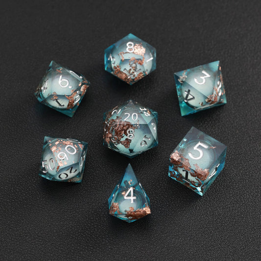 Blue Copper Foil Liquid Core DND Resin Dice 7-piece full set for RPG, DND gameplay