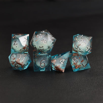 Blue Copper Foil Liquid Core DND Resin Dice rolling on tabletop for DND gameplay