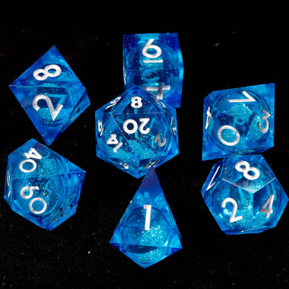 Shaking Blue Starry Liquid Core Dice showing swirling glitter and galaxy liquid core for D&D